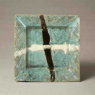 Square dish with impressed and cross trail design<br /><span>Shoji Hamada. Hamada kiln, Mashiko, Showa period, 1958. 6.6×29.3cm.</span>