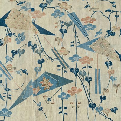 Kimono with ivy and weeping plum blossoms design. (detail)<br /><span>ramie, <i>tsutsugaki</i> (resist-dyeing technique). Kaga. Edo period, 19th century. 142.0×123.5cm.</span>