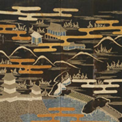 Stage curtain with design of eight views of Omi (present Shiga pref.)<br /><span>six-fold screen, cotton, <i>tsutsugaki</i> (resist-dyeing technique). Kyoto. Edo period, 18th century. 196.0×415.0cm.</span>