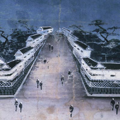 <i>Doro-e</i>, Asano and Kuroda premises near Edo Castle<br /><span>color on paper. Edo period, 19th century. 27.7×33.0cm.</span>