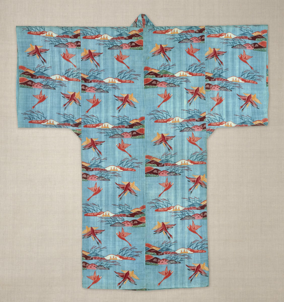Garment with design of mountains and wild geese<br /><span>ramie, stencil-dyed (<i>bingata</i>). Shuri. Ryukyu Kingdom period, 19th century. 147.0×133.0cm.</span>