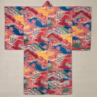 Garment for a child with design of lightening, pine trees, cranes, and cherry blossoms<br /><span>cotton, stencil-dyed (<i>bingata</i>). Shuri. Ryukyu Kingdom period, 19th century. 101.0×95.0cm.</span>