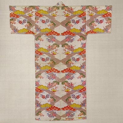 Garment with design of pine trees, tortoise, cherry blossoms, and maple leaves<br /><span>ramie, stencil-dyed (<i>bingata</i>). Shuri. Ryukyu Kingdom period, early 19th century. 143.5×122.0cm.</span>